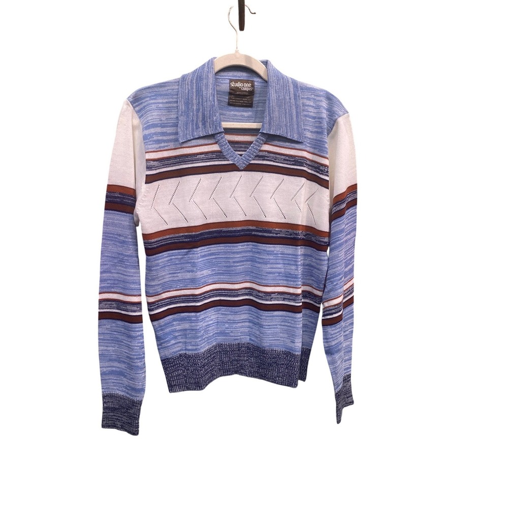 Vintage Striped Knit Sweater Grandpa Core Blue Collared Pullover Retro Indie L